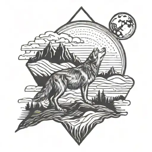 A Stylized Coyote Howling At The Moon With A Mountain Range In The Distance