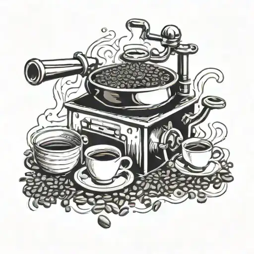 A Coffee Roaster Surrounded By Swirling Coffee Beans And Musical Instruments