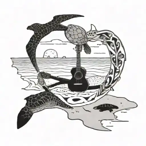 View Of The Shore From Ground Level At The Beach With Guitar In The Sand Near By And Baby Sea Turtle