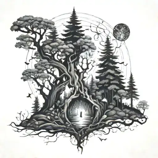 A Mysterious Forest With Hidden Paths And Creatures