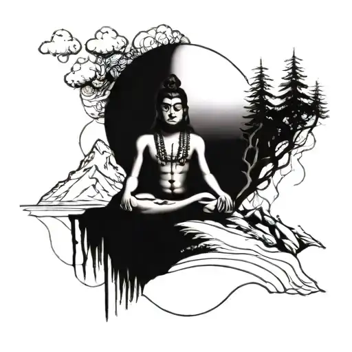 A Minimalist Blackwork Tattoo Of Lord Shiva Meditating In A Serene Mountain Landscape
