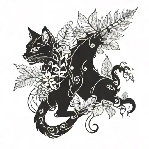 Gothic Cat And Dragon With Leafs And Ferns