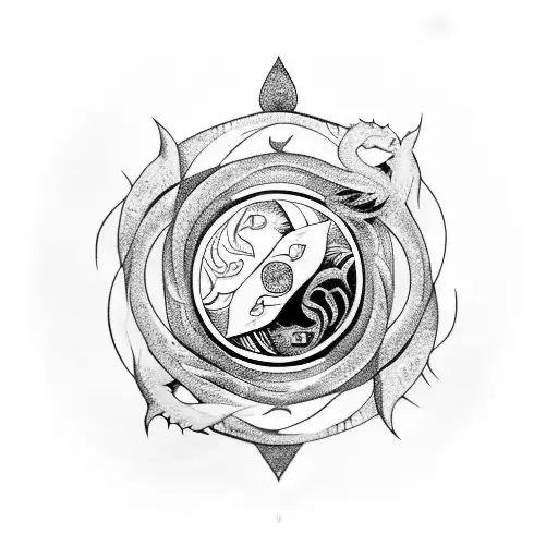 A Blackwork Tattoo Of A Shark And A Dragon Entwined In A Yin-yang Symbol
