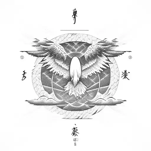 Ocean Waves With Eagle Wings And Japanese Symbols