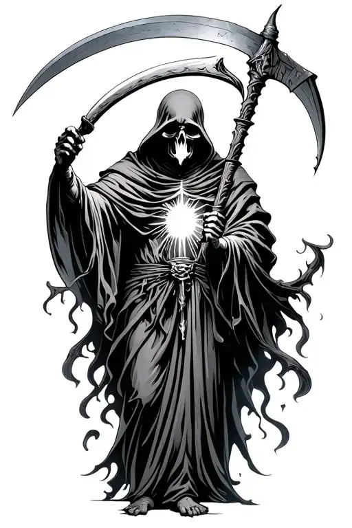 Full Body Grim Reaper Holding A Scythe Above His Head With Light Coming Off His Body