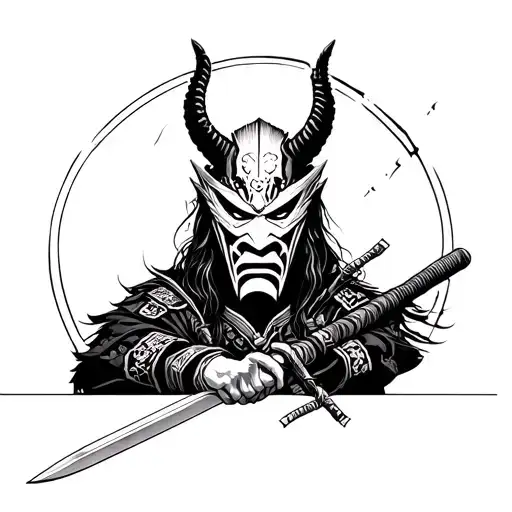 Samurai Warrior Holding Sword And Wearing Oni Mask And Staring