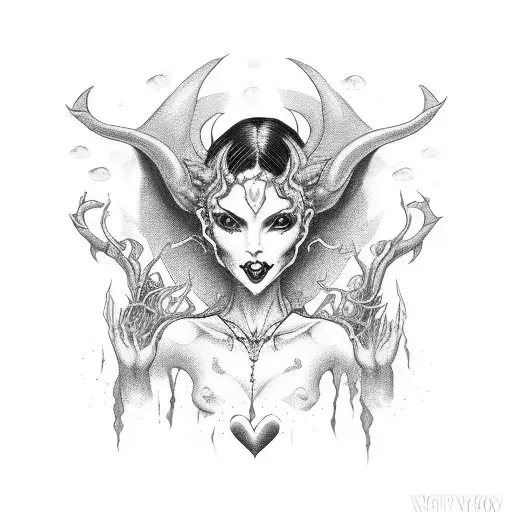 Demon Lady With Two Bloody Hearts In Her Hands