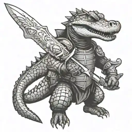 A Fierce Alligator In Combat Armor Wielding A Sword