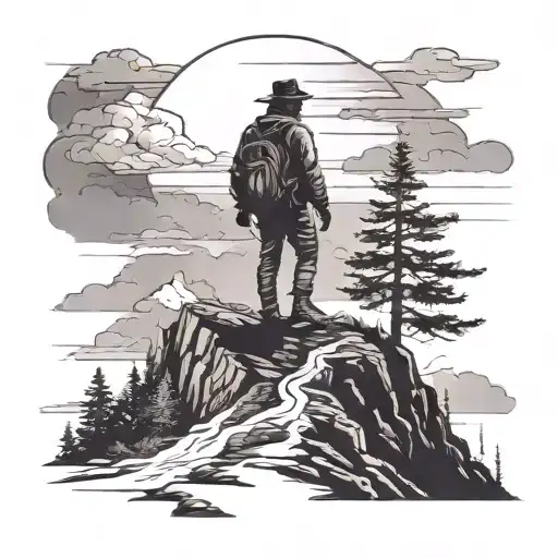 A Silhouette Of A Hunter In A Mountain Landscape With A Stormy Sky