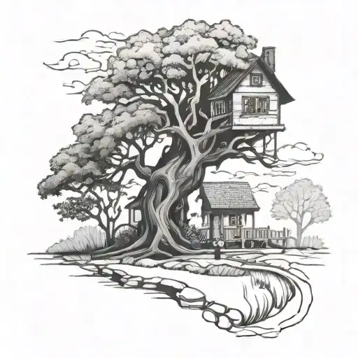 Tall Oak Life Tree With Small House With Stone Road