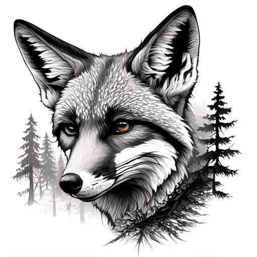 A Fox Upperbody And Head Facing Left With A Forest Blended In On The Lower Side Moving Around It