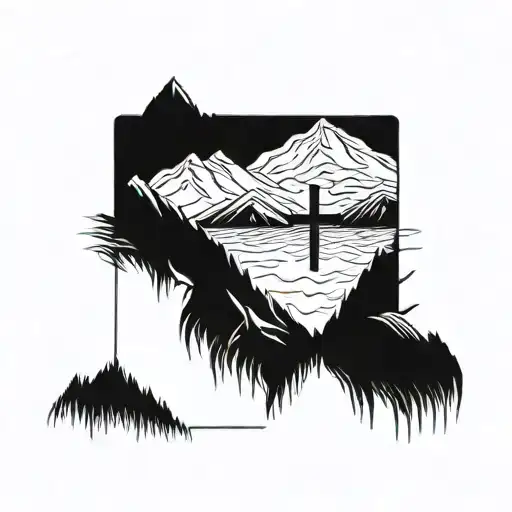 A Silhouette Of A Mountain Range With A Cross Integrated Into The Design