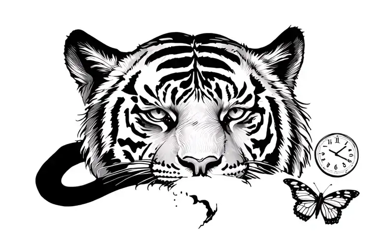 Tiger And Clock With Tiger Ear Bitten By A Butterfly