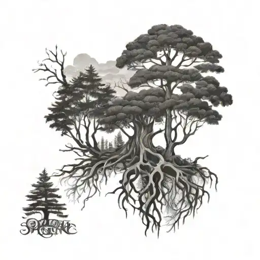 Forest Scene With One Bigger Tree Centered With Roots