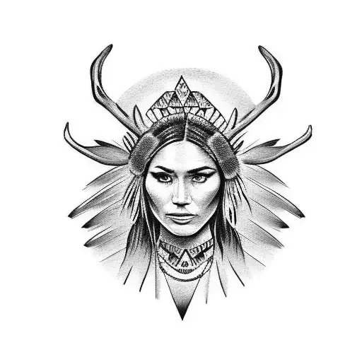 Native American Lady With Deer Head Dress