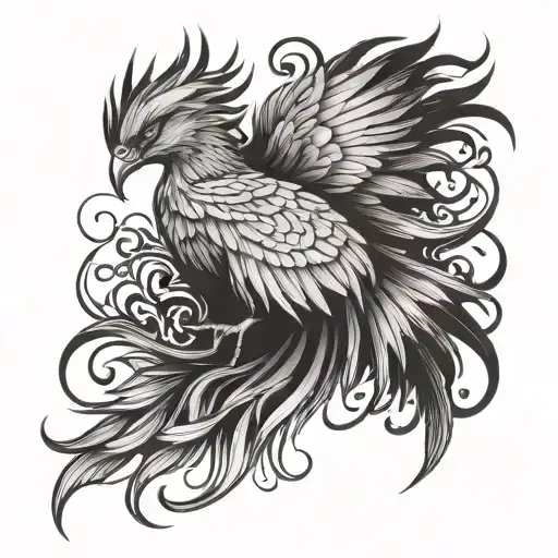 Sketch Of A Phoenix Tattoo For A Man On The Front Surface Of The Thigh