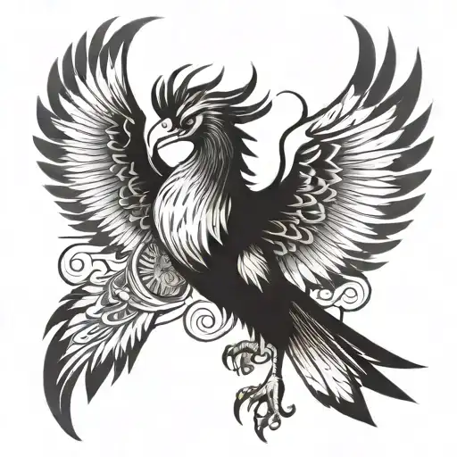Sketch Of A Phoenix Tattoo For A Man On The Front Surface Of The Thigh