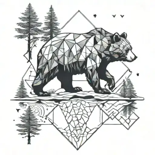 A Geometric Pattern Incorporating Forest Elements And A Bear Motif