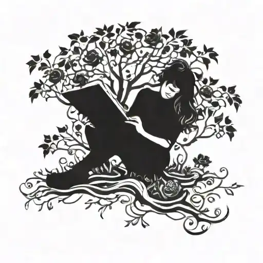 A Silhouette Of A Person Reading Under A Tree With Falling Black Roses Surrounding Them