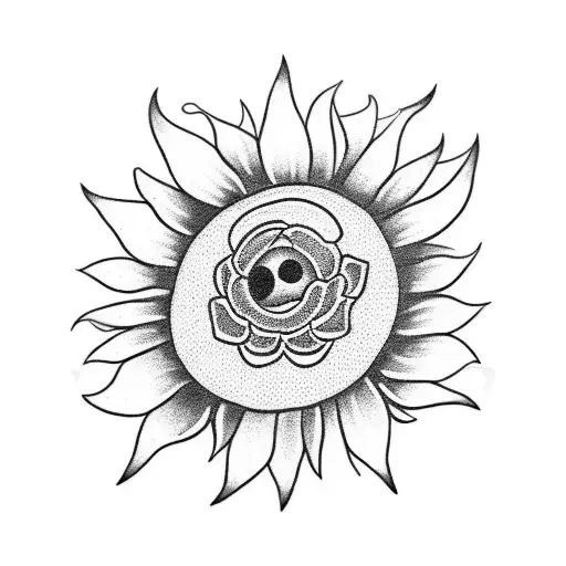 A Blackwork Tattoo Of A Sunflower Surrounded By Traditional Mexican Art Motifs