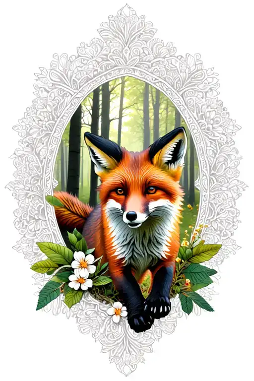 Floral Lace Background With Fox Running Through Forest