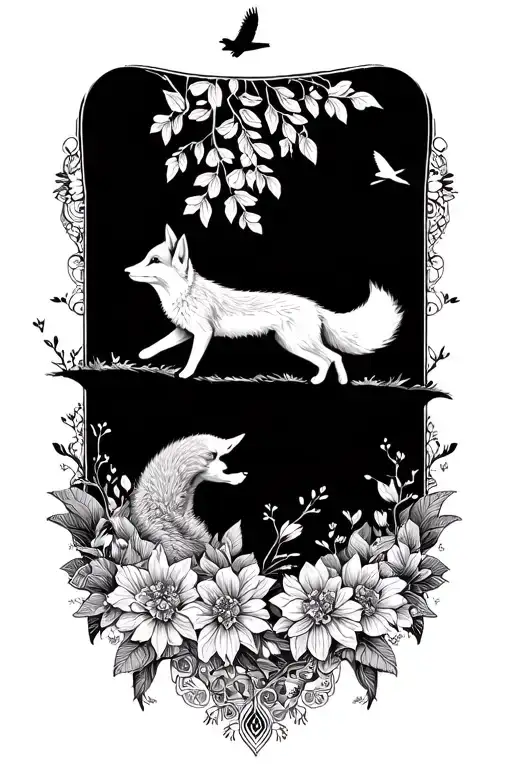 Floral Lace Background With Small Fox Running Through Forest And Birds Flying Above