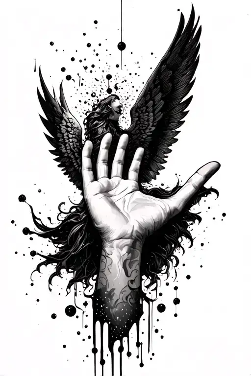Falling Angel Coverin Up Hand And Particles Covering Fingers Going Upside To Hand