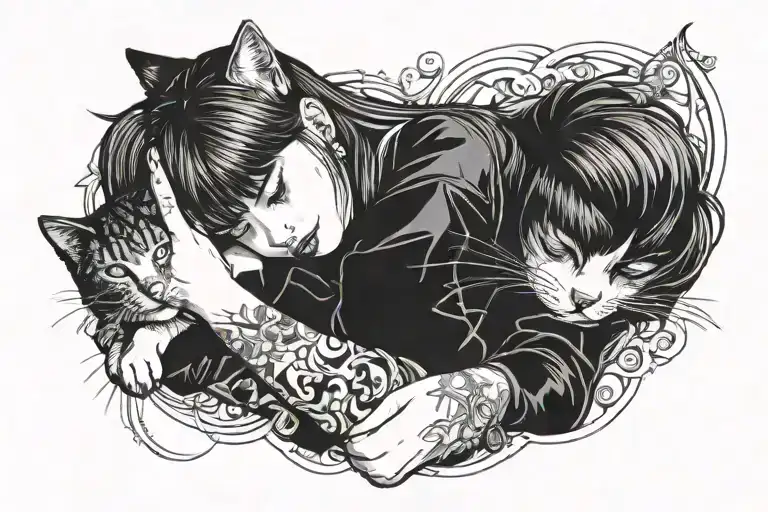 A Girl With Bangs Hugging A Cat Sleeping