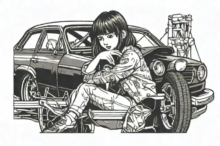Young Girl With Bangs Hugging A Car