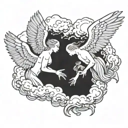 Fallen Angels Trying To Reach Out For A Hand Sticking Out Of A Cloud