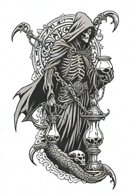 Full Length Side Profile Of Grim Reaper Holding Hourglass With Chains Standing On Turtles