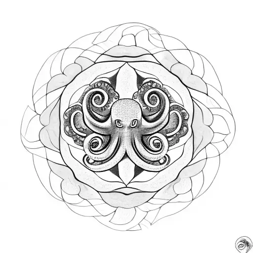 Octopus Hugging Flower Mandala With Sacred Geometry Behind