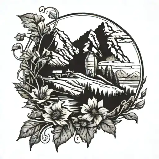 An Intricate Tattoo Featuring A Mountain Landscape With A Field Of Flowers And A Whiskey Barrel