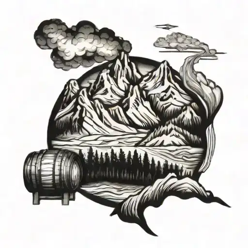 A Blackwork Tattoo Of A Mountain Range With A Whiskey Barrel Rolling Down The Slope