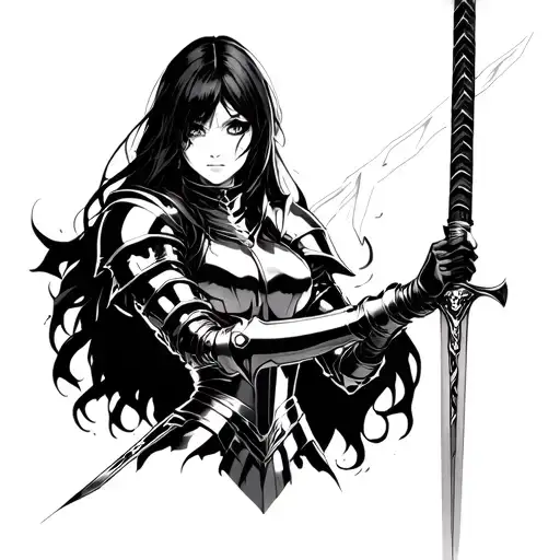 Female Anime Knight Holding A Sword With Cyber Sigilism As Background