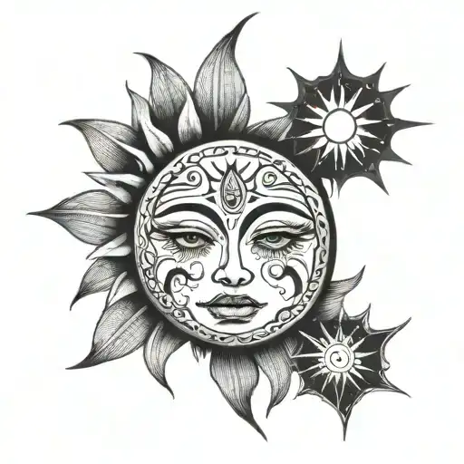 Face Tattoo With Moon And Sun
