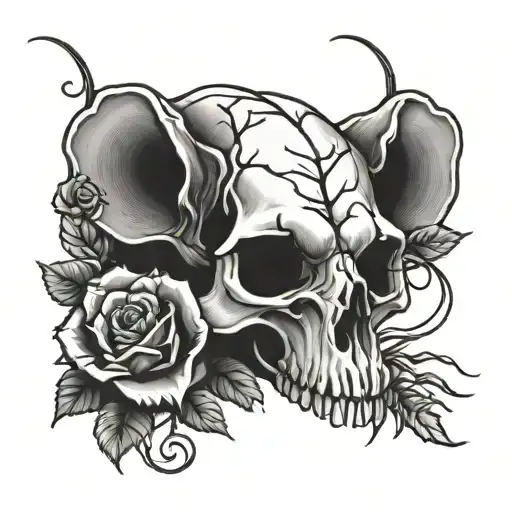 Rat Skull With A Coin And Roses Entwined