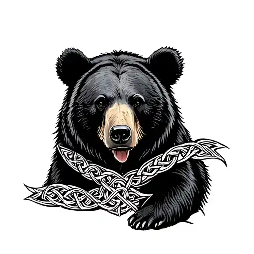 A Blackwork Tattoo Featuring A Louisiana Black Bear Intertwined With Celtic Symbols
