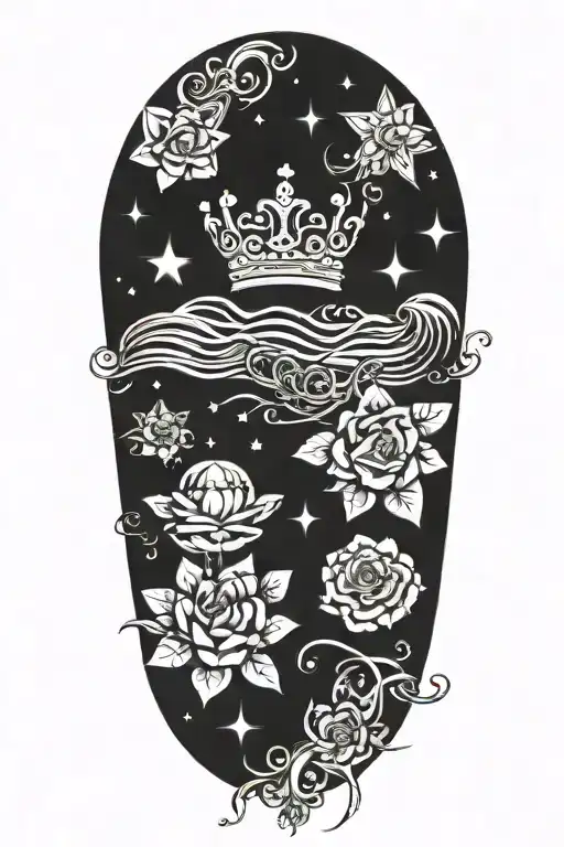 Celestial Stars And Waves And Flowers And Crown