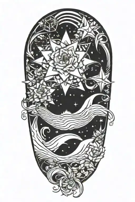 Celestial Stars And Waves And Flowers And Crown