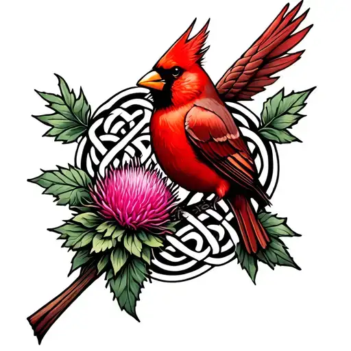 A Celtic Knotwork Design Incorporating Elements Of Scottish Thistle And A Red Cardinal Bird