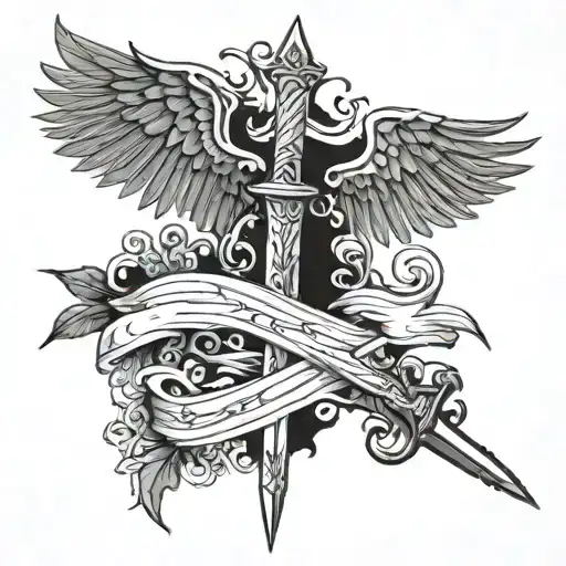 Spine Tattoo With Sword Or Wings