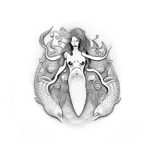 A Dotwork Representation Of A Cold Water Mermaid Surrounded By Nudibranchs