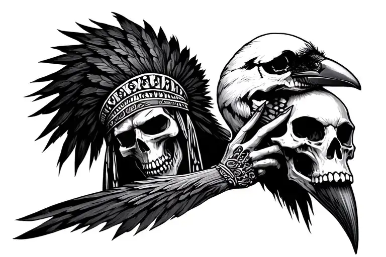 Grim Reaper Holding Raven Skull Wearing A Full Indian Headress