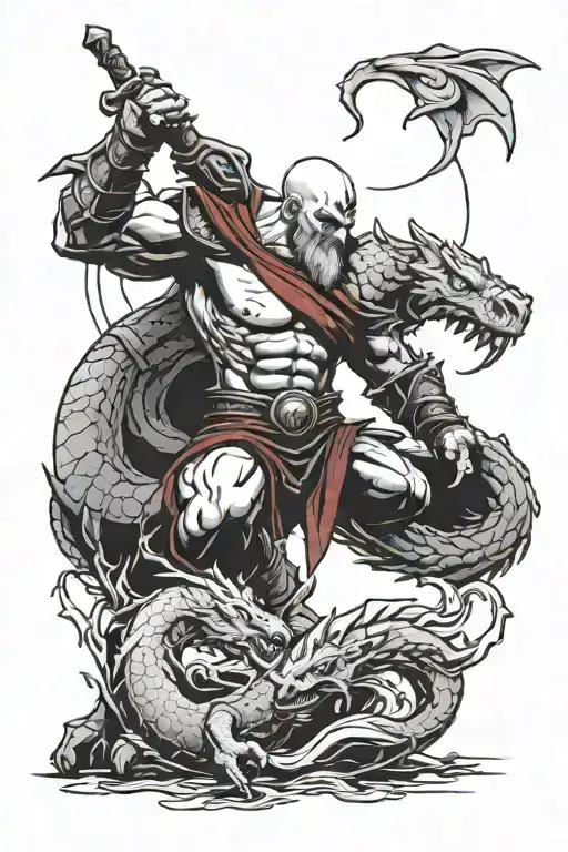 Kratos And A Dragon With A Cool Background Between The
