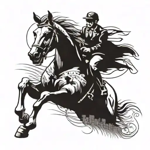 A Tattoo Of A Teacher Riding A Horse And Crossing The Finish Line First In A Race