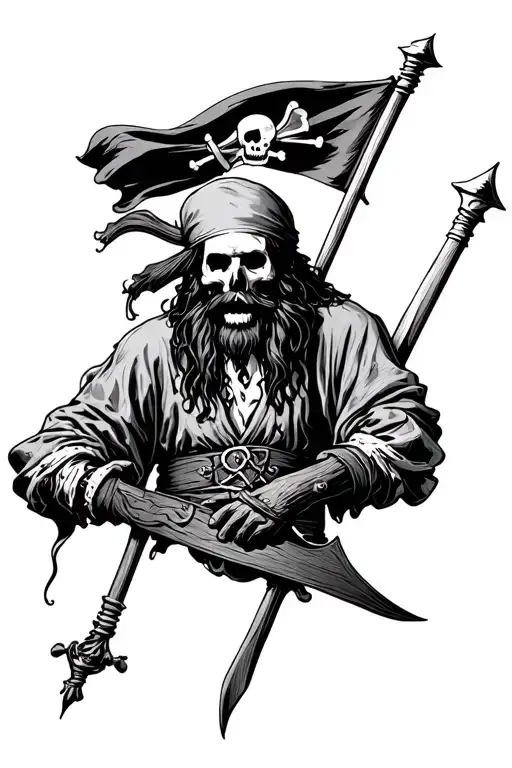 A Full Body Dead Pirate With Blackbeards Flag In The Background