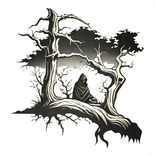 Grim Reaper Sitting Under A Dead Tree