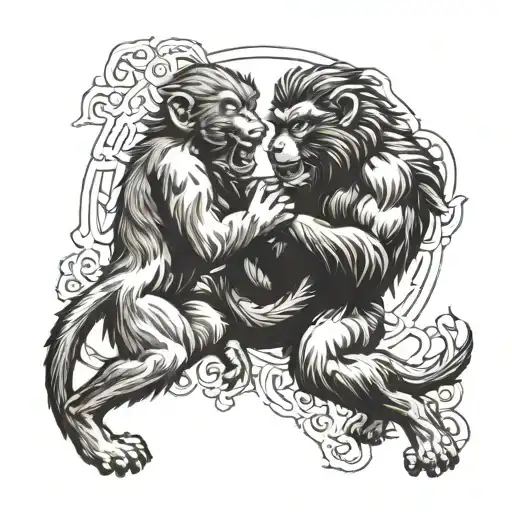 Monkey Fighting A Wolf
