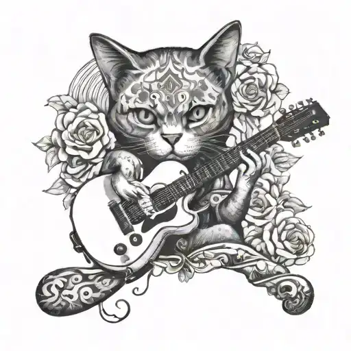 A Cat Playing A Guitar With A Skull In The Background